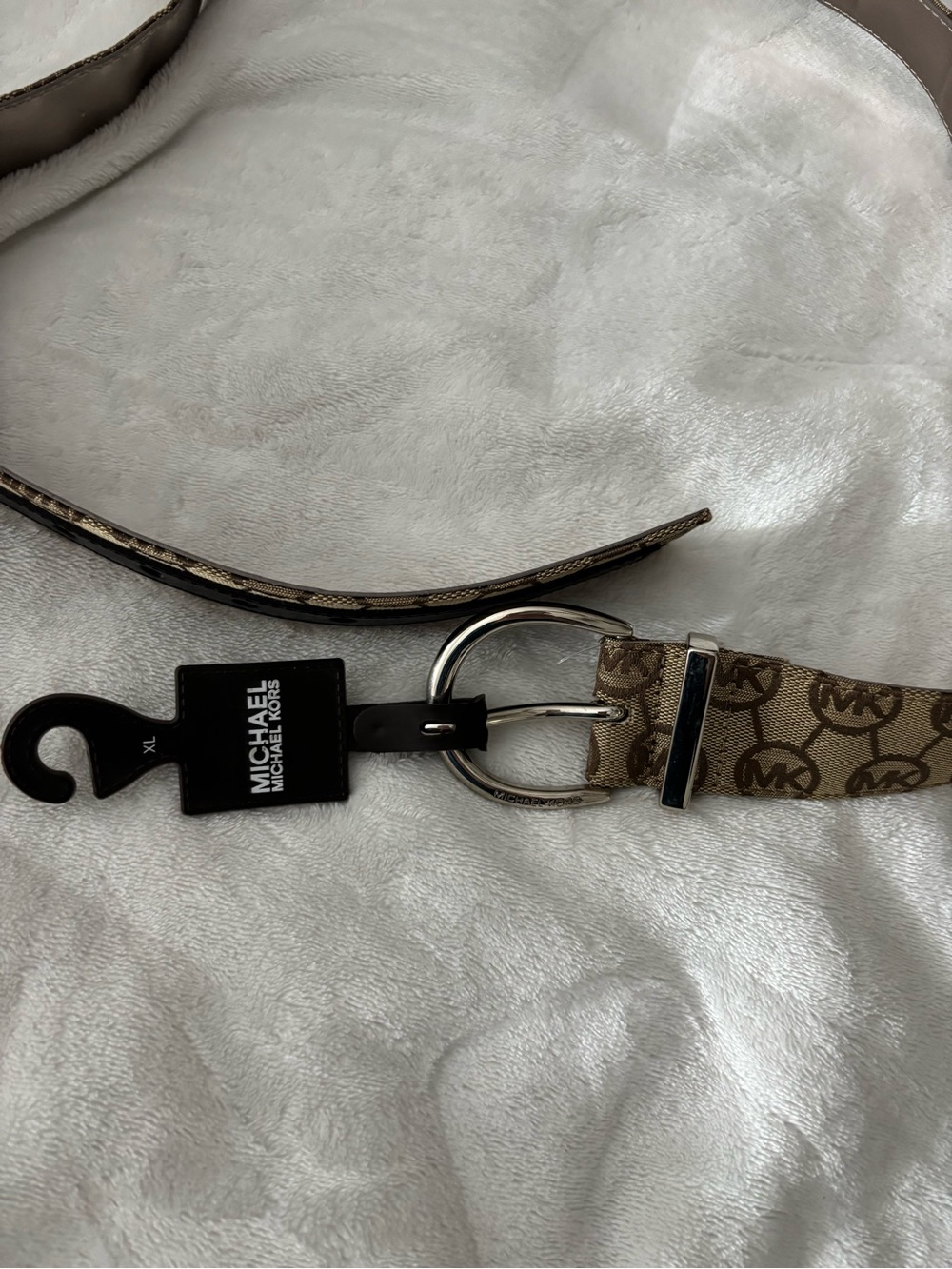 MICHAEL Michael Kors Tan MK Signature Logo Belt with Silver Buckle